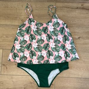 Pink and Green Leaf Print Bikini Tankini - Med to Full Coverage High-Waist XL